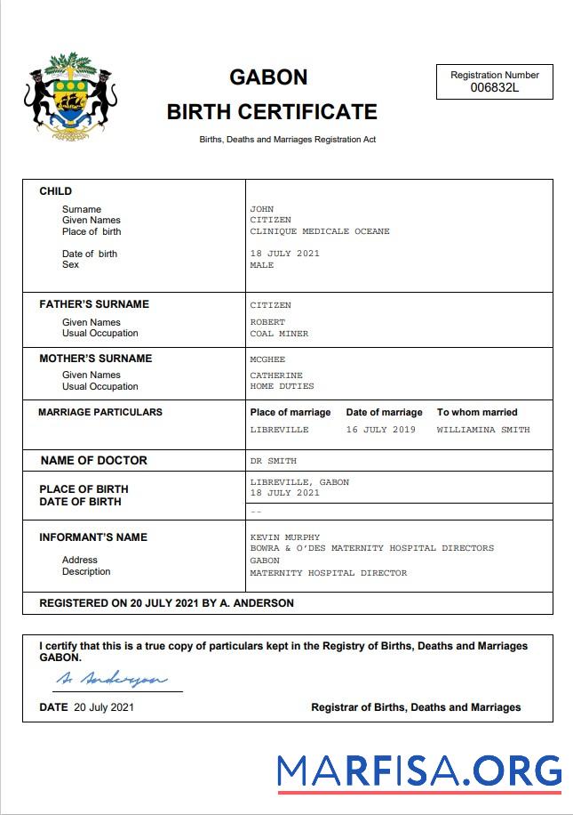 Realistic Gabon vital record birth certificate Word and PDF template